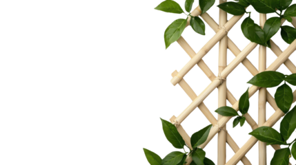 A beautiful natural backdrop with lush vibrant green leaves climbing and thriving on a rustic wooden lattice or trellis creating a serene and organic scene