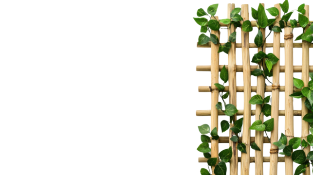 A dense verdant vine with vibrant green leaves climbing up a rustic wooden trellis or fence creating a natural tranquil backdrop
