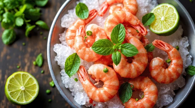 Chilled seafood platter with shrimp and citrus on crushed ice