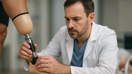 Doctor fitting prosthetic leg to patient in clinic for medical rehabilitation support mobility and physical therapy assistance