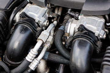 Modern car engine bay, highlighting various mechanical components, hoses, and wiring