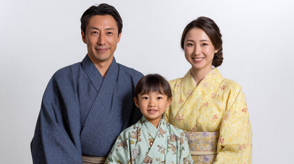 Fototapeta premium 浴衣姿の日本人家族ペアの白背景ポートレート
