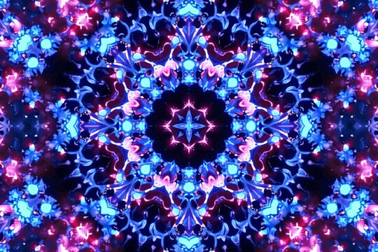 A vibrant kaleidoscope design featuring intricate blue and pink floral patterns perfect for branding projects needing a bold and eye-catching aesthetic