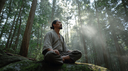 森の中で瞑想する日本人男性の後ろ姿