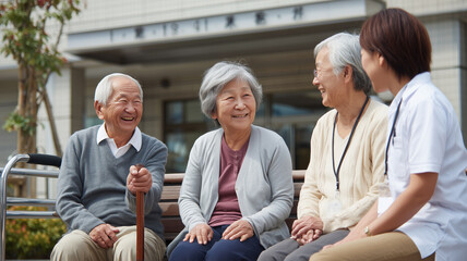 リハビリ施設前で談笑する日本人シニアとスタッフ