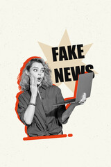 Sketch image trend artwork 3D photo collage of young lady shocked face hold laptop propaganda...