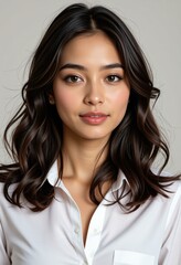 Fototapeta premium Attractive Asian Woman with Long Brunette Wavy Hair in White Shirt Studio Portrait