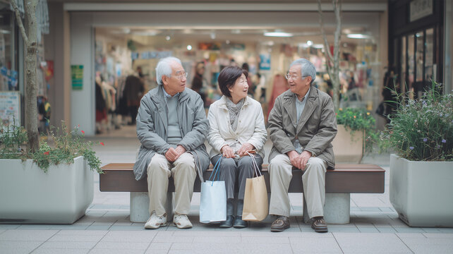商業施設前で談笑する日本人シニア3人