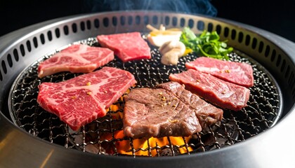 網で牛肉を焼いている焼肉の様子