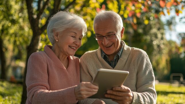 Elderly couple using tablet outdoors