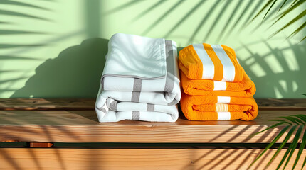 Resort Towel Stack in Warm Stripes on Weathered Bench with Palm Leaf Shadows and Tropical Ambiance, Generative AI