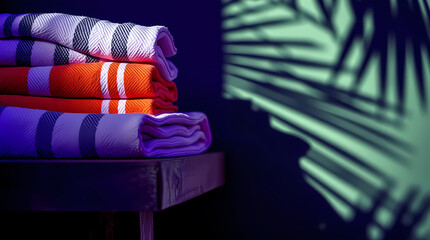 Resort Towel Stack in Warm Stripes on Weathered Bench with Palm Leaf Shadows and Tropical Ambiance, Generative AI
