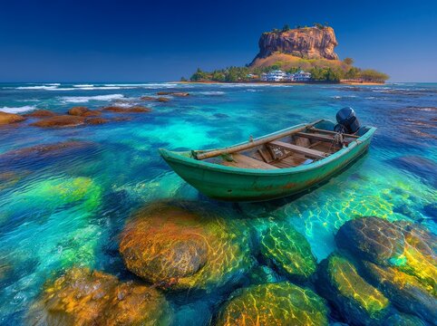 The scenery of Senanayake Samudraya Galoya National Park in Inginiyagala, Ampara, Sri Lanka, features a stunning lake mountain landscape with a solitary boat