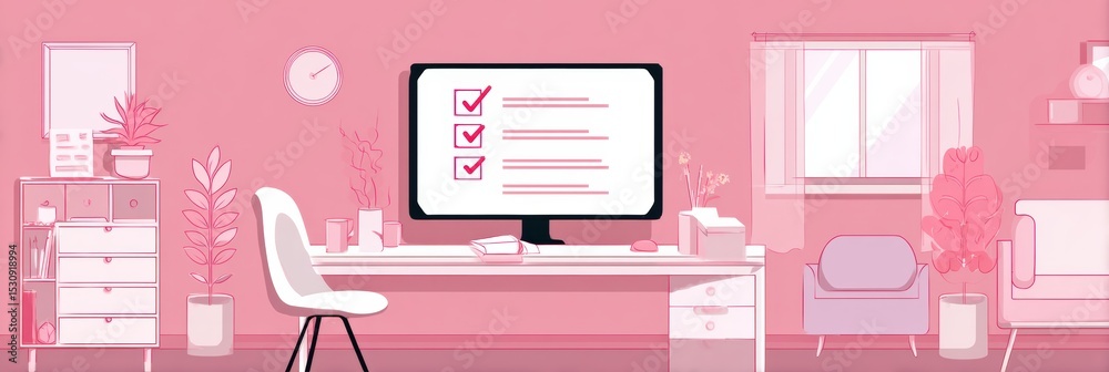 Poster Study Space Organization Tips Presented in a Minimalist Room With Checklist and Symbols for Effective Workspace Management