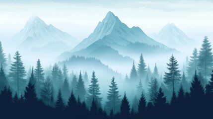 Obraz premium Misty blue mountains and pine forests create a serene illustration. Perfect for backgrounds, websites, or illustrating a calm, peaceful scene.