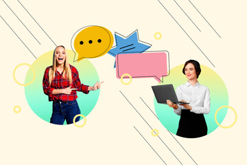 Creative sketch image art collage of two happy girls hold laptop type message notification speech...