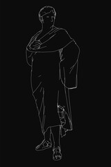 A man is standing in a black background with a white scarf draped over his shoulders. The image has a mysterious and elegant mood, with the man's pose and the scarf adding a sense of sophistication