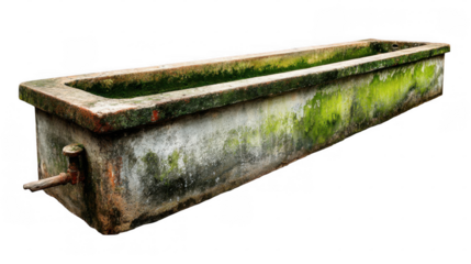 Old stone water trough covered with moss is isolated on a transparent background, showing signs of weathering and age, with a rusty metal tap