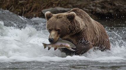 Obraz premium Grizzly bear catching salmon in rapids