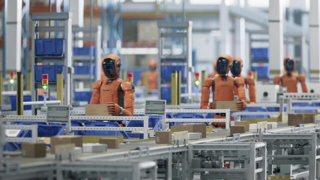 3D Animation: AI-Enabled General Purpose Humanoid Robots Work at Warehouse. Automated Logistics and Fulfillment Center with Advanced Humanoid Robots for Improved Efficiency and Better Scalability