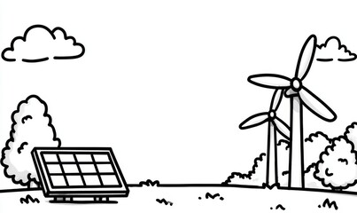 Alternative energy sources including solar and wind depicted in a hand drawn modern sketch