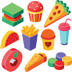 Collection of isometric illustrations of various fast foods and sweets