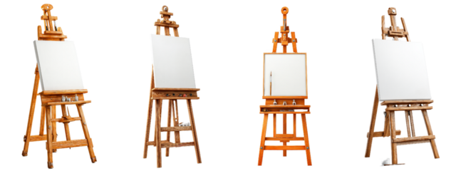 Wooden easels lined up with blank canvases ready for painting