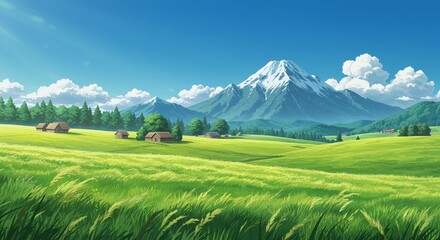Fototapeta premium Anime Style Vibrant Green Hills with Snow-capped Mountains and Village