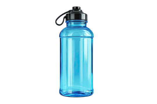 Light-blue plastic water bottle with black cap and handle