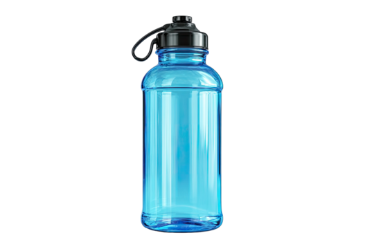 Light-blue plastic water bottle with black cap and handle