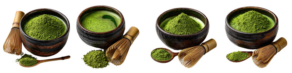 Green Matcha Powder in Bowls with Bamboo Whisks and Spoons