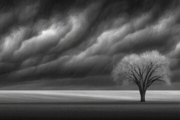A solitary tree stands in a field as ominous storm clouds gather over the plain, signaling impending danger from a thunderstorm and potential natural disasters