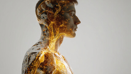 A human silhouette glows with soft golden light, with faint outlines of internal organs visible inside. The image radiates calm, health, and vitality, blending science with spiritual wellness themes.