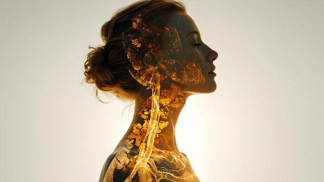 A human silhouette glows with soft golden light, with faint outlines of internal organs visible inside. The image radiates calm, health, and vitality, blending science with spiritual wellness themes.