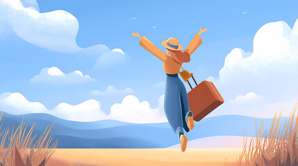 A joyful traveler with a suitcase embraces freedom in a scenic landscape under blue skies
