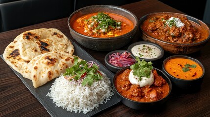 A beautifully styled Indian food spread with rich curries, naan, and flavorful rice, arranged on a dark wooden table