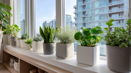 A minimalist indoor garden in a small apartment featuring a bright windowsill or vertical plant wall filled with lush greenery, bringing modern urban wellness and nature into a compact living space.