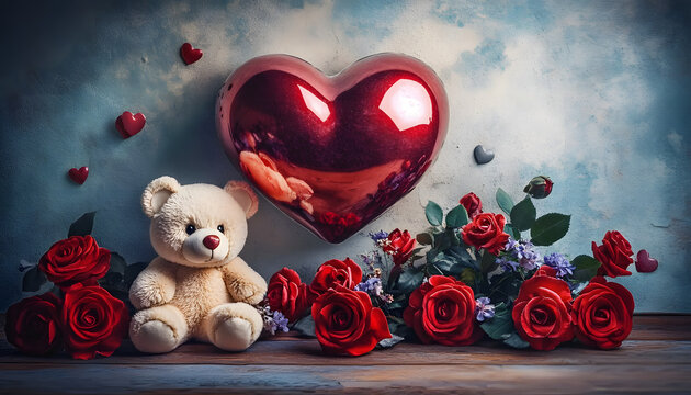 C&oelig;ur Rouge, Roses et Ourson en Peluche, id&eacute;al pour Saint Valentin, amour , mariage, carte d'invitation