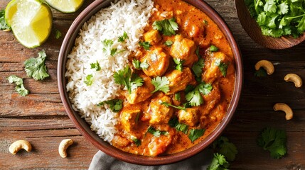 A bowl of golden pumpkin curry chicken with tender chicken pieces, cashew rice, and a sprinkle of fresh coriander