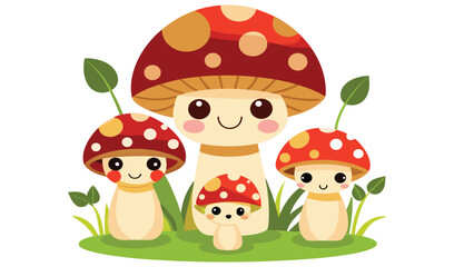 Obraz premium Cute cartoon mushroom family in grass