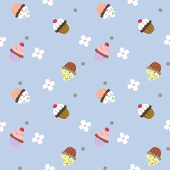 Vector pattern of fabric, wallpaper, gift wrap, mats and bed sheets. Continuous and repeatable. Designed with cupcake cups, polka dots and flowers alternating in a cute style.