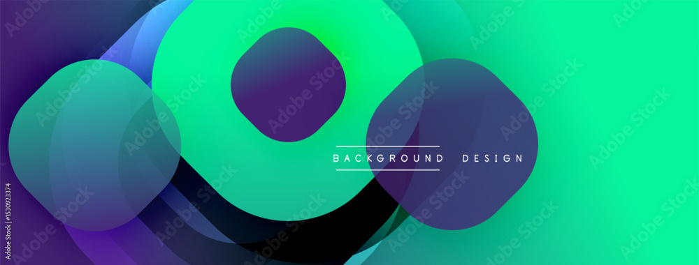 Poster Abstract vibrant circles overlap, creating dynamic gradients. Green, purple hues dominate composition. Modern design element.