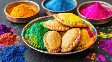 A bright and festive Holi celebration with a plate of Gujiyas surrounded by colors, sweets, and laughter