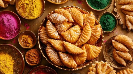 A bright and festive Holi celebration with a plate of Gujiyas surrounded by colors, sweets, and laughter
