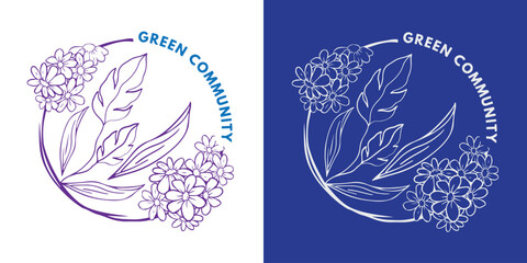 Minimalist floral emblem with hand-drawn leaves for organic logo branding

