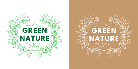 Minimalist floral emblem with hand-drawn leaves for organic logo branding

