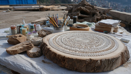 Intricate mandala art is hand-painted on a large wooden piece, showcasing detailed patterns and craftsmanship. The earthy tones and natural texture highlight spiritual and artistic expression.