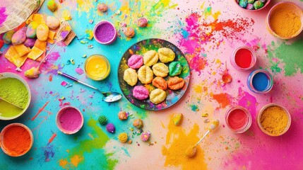 A bright and festive Holi celebration with a plate of Gujiyas surrounded by colors, sweets, and laughter