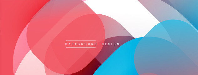 Abstract shapes overlap, creating vibrant red, white, blue gradients. Modern design suggests dynamic movement, smooth transitions.