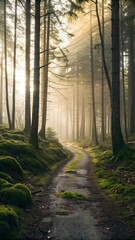 Obraz premium Sunlight Streams Through a Misty Forest, Illuminating Moss-Covered Ground